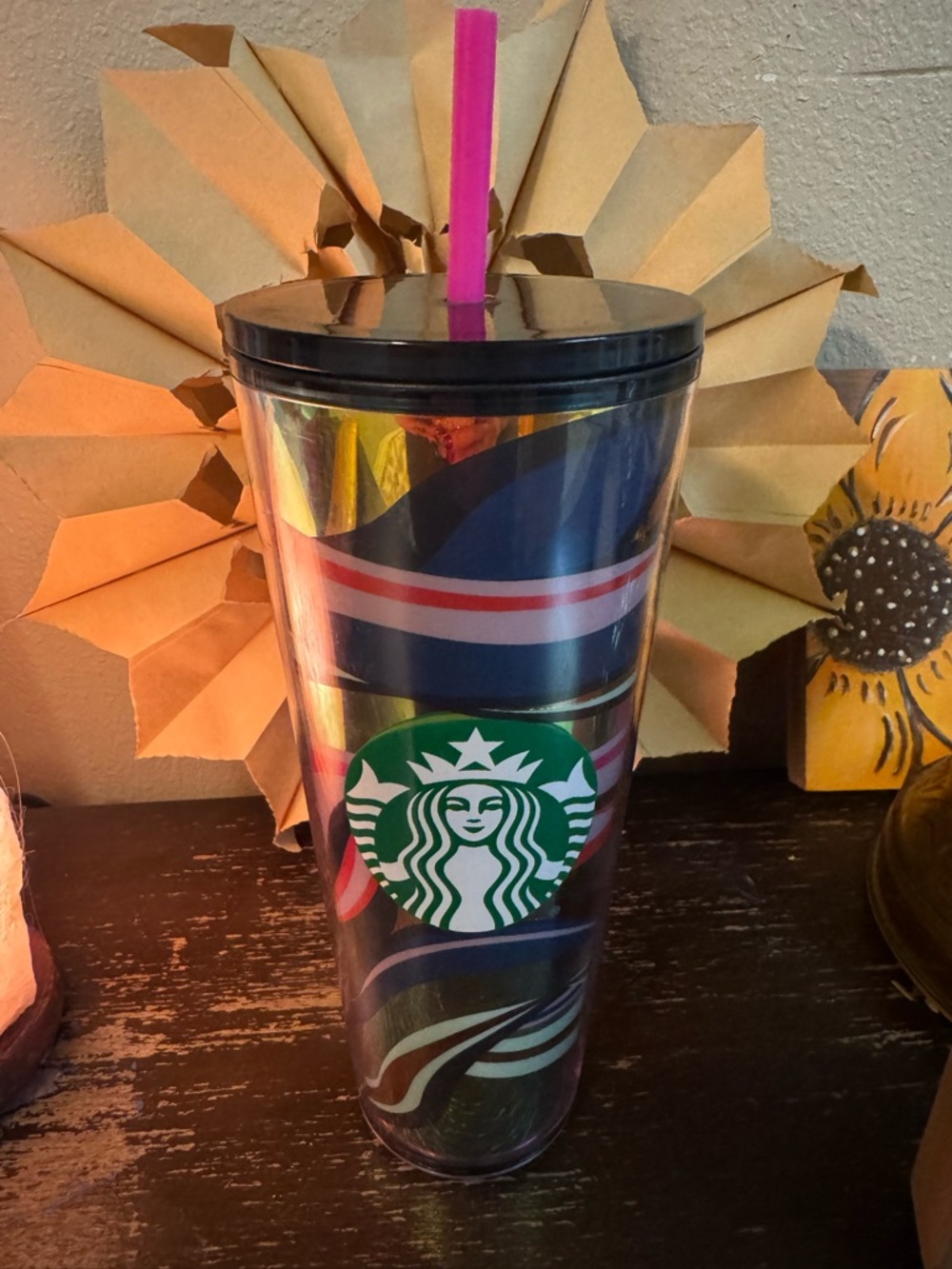 Starbucks Multicolor Swirl Tall Tumbler with Pink Straw